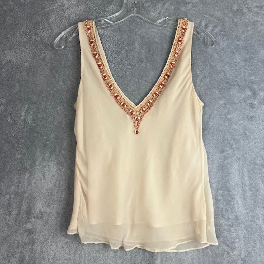 Vintage Y2K Cache 100% Silk Tank Top Womens M Beaded Boho Fairy Basics Delicate - Picture 13 of 14